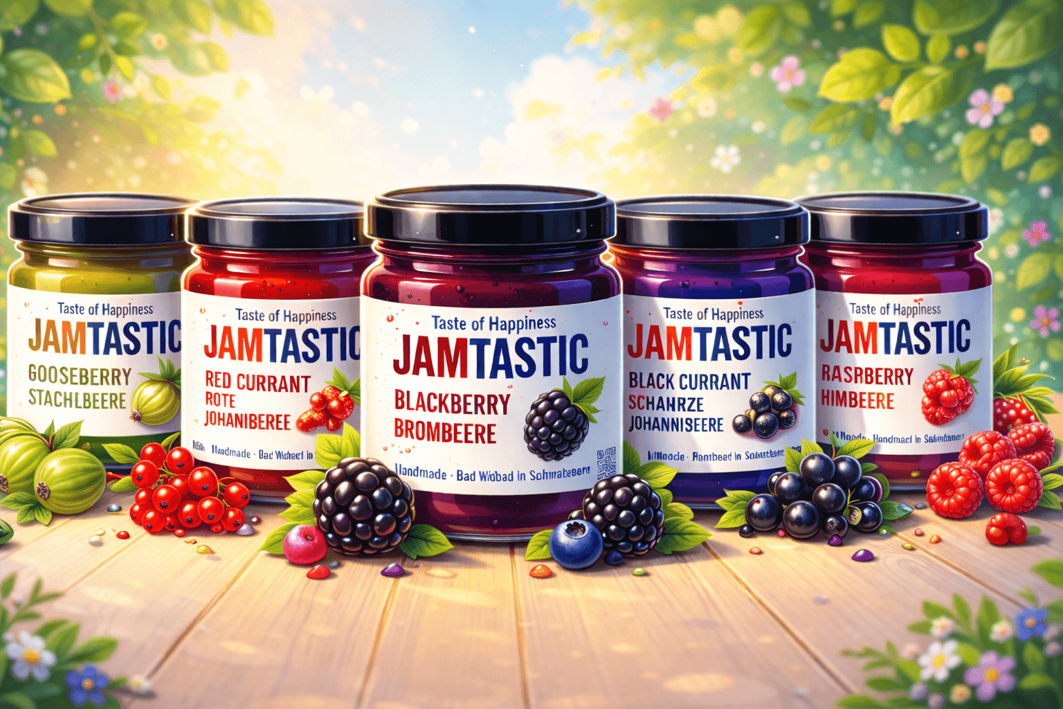 JamTastic jars in a sunny garden setting